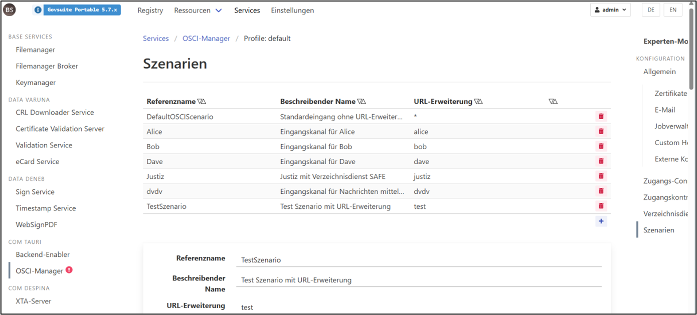 Anlage des Szenarios am OSCI-Server