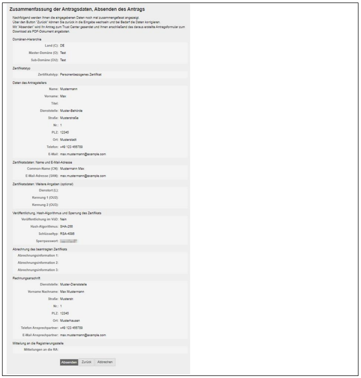 Zusammenfassung der Antragsdaten