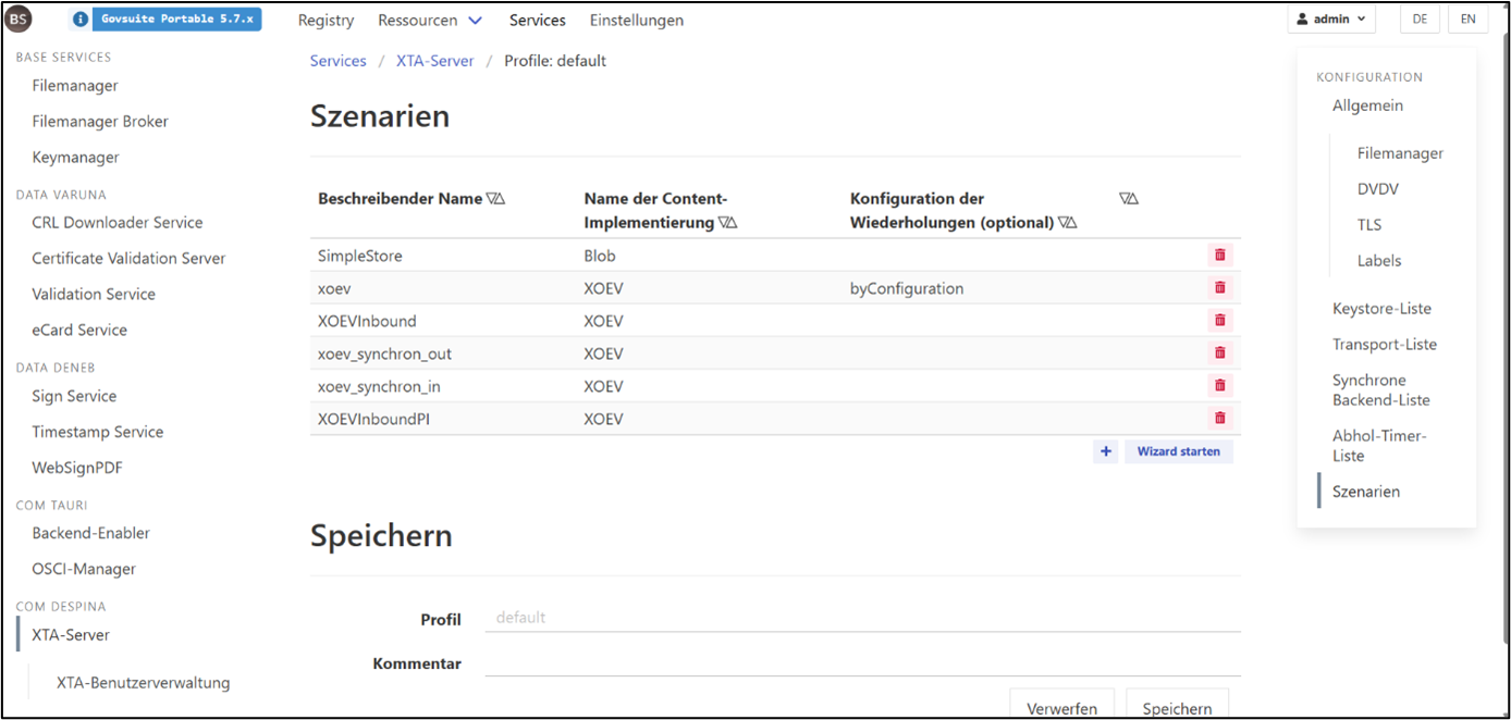 Konfiguration der Transportreferenz in den Szenarien