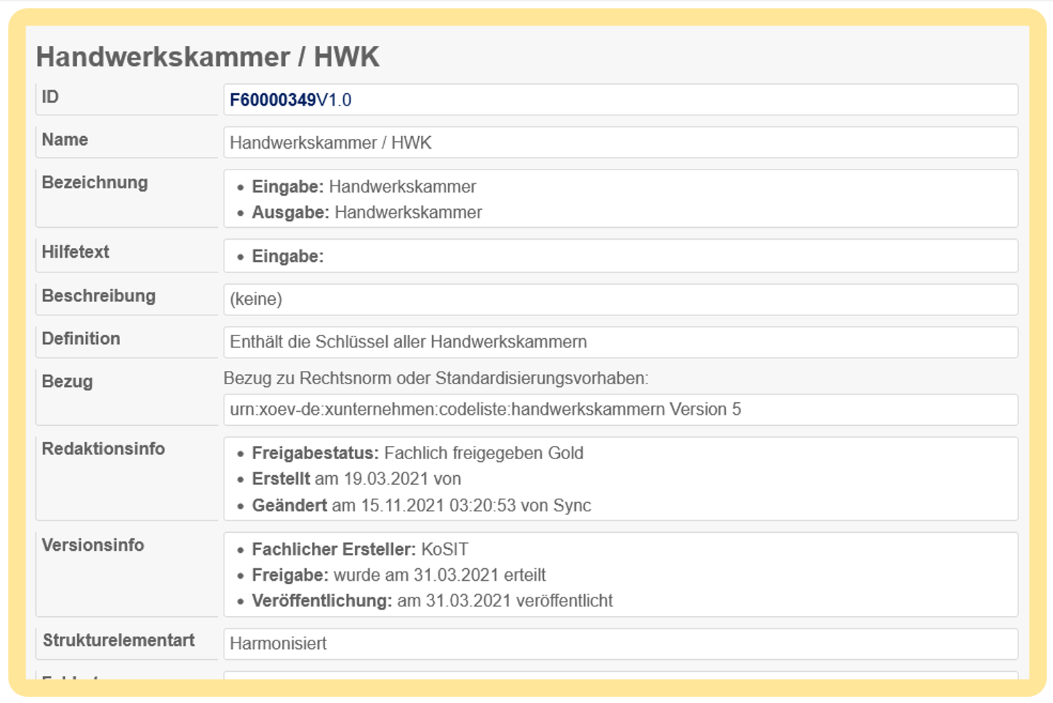 Beispiel für die Definition eines BOB-Baukastenelements (Auszug)