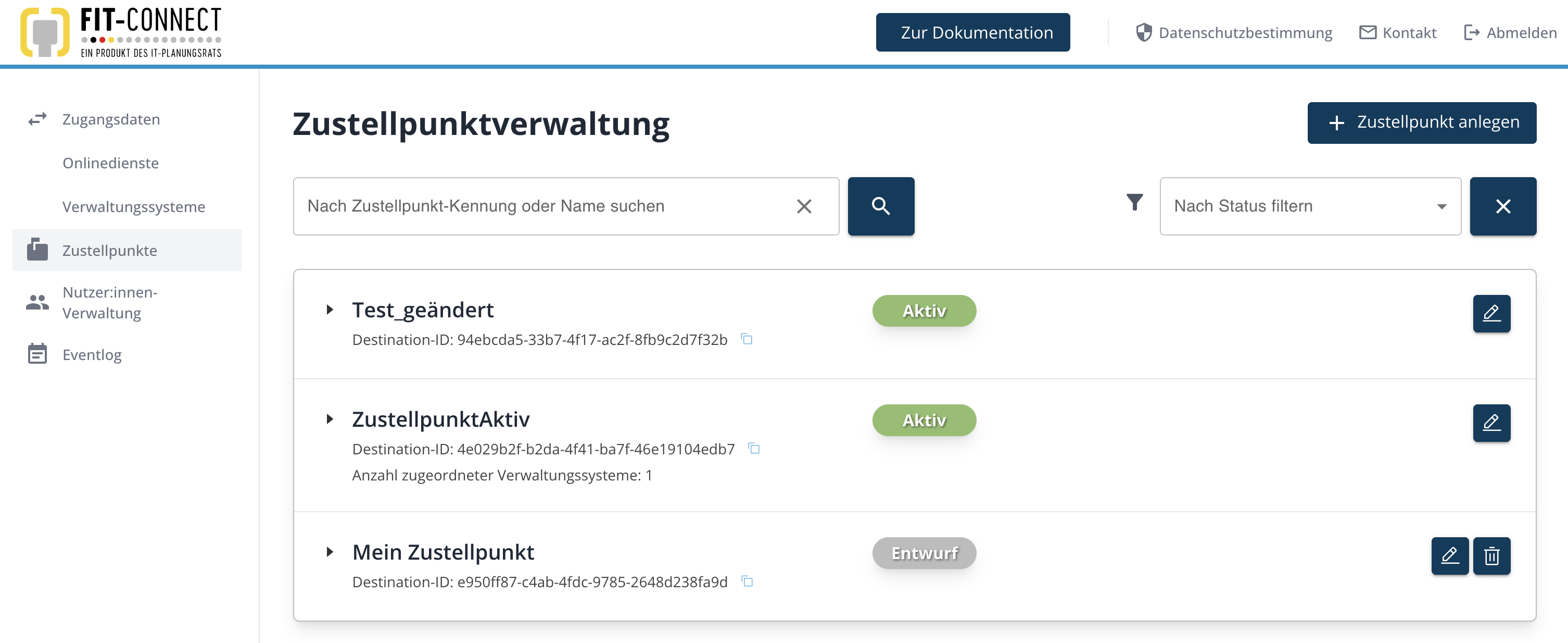 Liste der Zustellpunkte