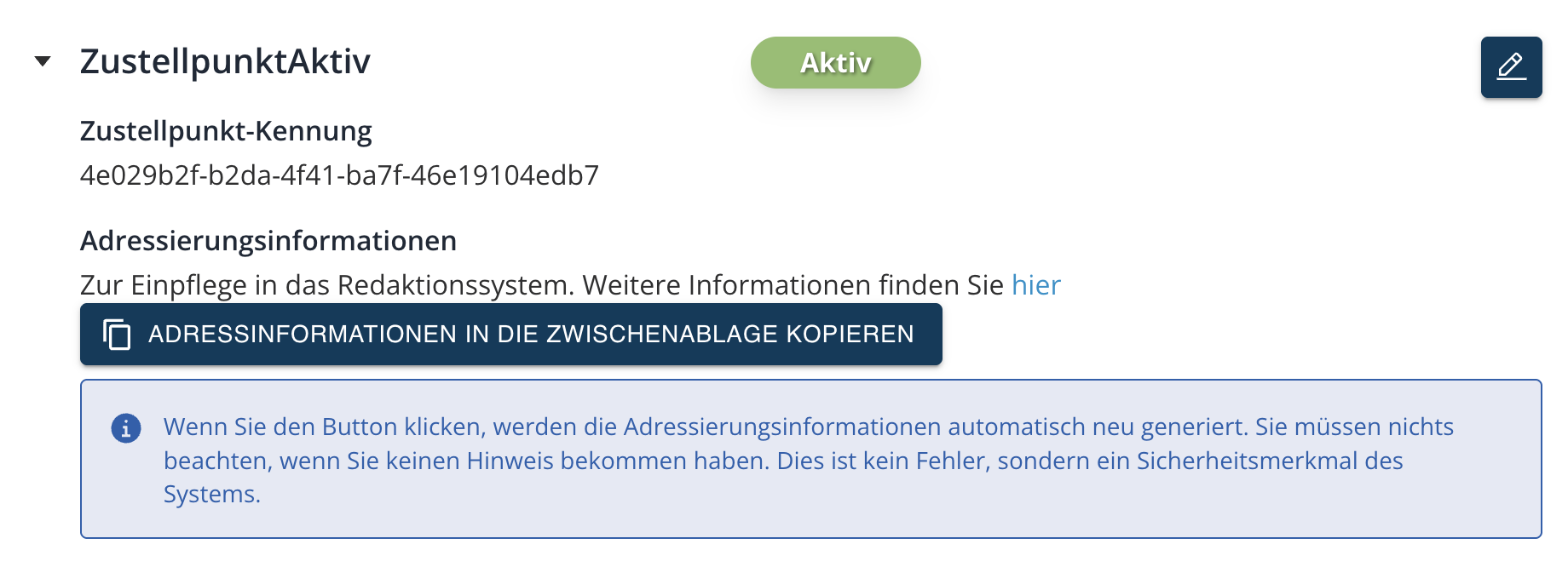 Button in der Zustellpunkt-Übersichtsliste
