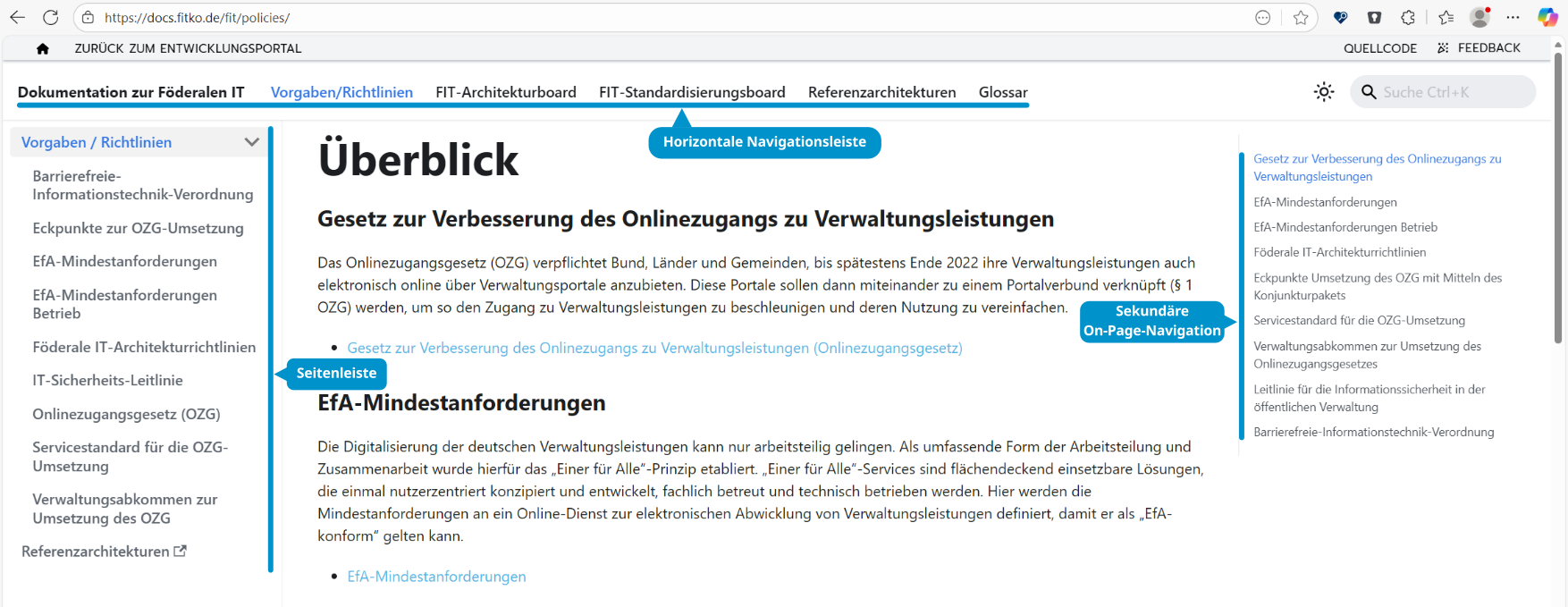 Navigation in Docusaurus: Navbar oben, Sidebar links, On-Page rechts