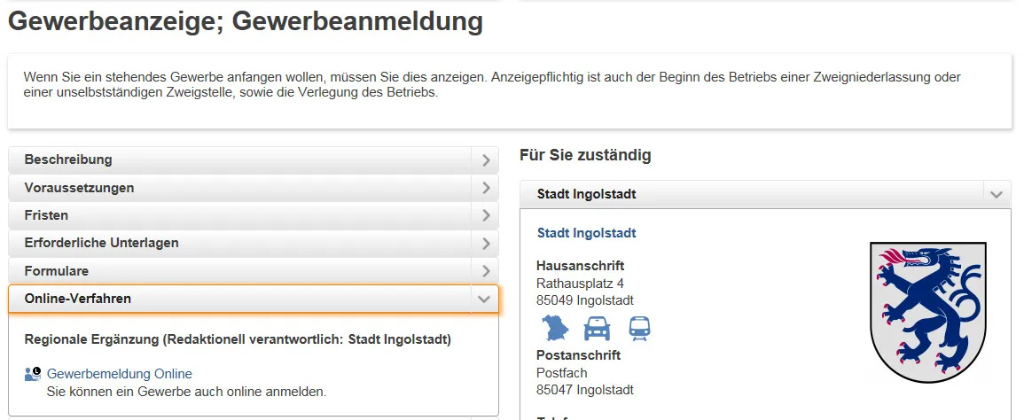 Screenshot der Benutzeroberfläche des Bayern Portals. Die Ansicht entspricht der vorherigen Darstellung der Gewerbeanmeldung, jedoch ist im linken Bereich nun der Reiter ‚Online-Verfahren’ aufgeklappt. Dieser präsentiert eine regionale Ergänzung der zuständigen Stelle samt direktem Link zum Starten der ‚Gewerbemeldung Online’.