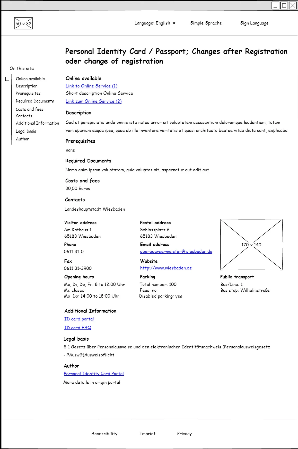 Entwurf einer englischsprachigen Leistungs-Detailseite zeigt strukturiert übersetzte Informationen zur Leistung sowie standortspezifische Kontaktdetails, Öffnungszeiten und Anfahrtsinformationen.