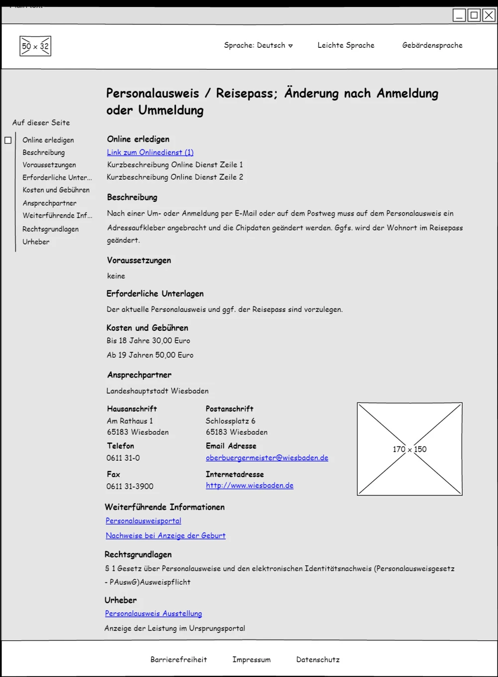 Entwurf einer Deteilseite einer Leistung. Er zeigt am linken Rand eine seitliche Navigation und im Hauptbereich strukturierte Informationen zur Leistung, gegliedert in Abschnitte wie Online-Erledigung, Beschreibung, Voraussetzungen, Kosten und Ansprechpartner.