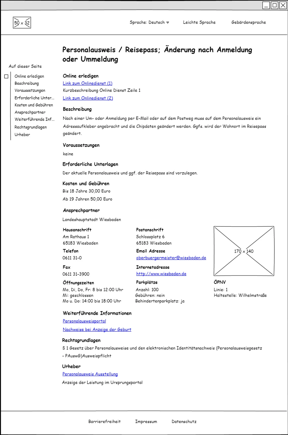 Entwurf der Detailseite einer Leistung. Er zeigt strukturierte Informationen zur Leistung und erweitert die Ansicht um standortspezifische Details des Ansprechpartners, wie Öffnungszeiten, Parkplätze und ÖPNV-Anbindung.