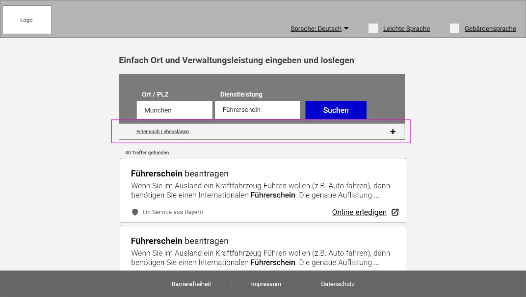 Entwurf einer Suchergebnisliste zeigt die Suchmaske und erste Treffer, wobei ein eingeklappter Filterbereich „Filter nach Lebenslagen“ hervorgehoben ist.