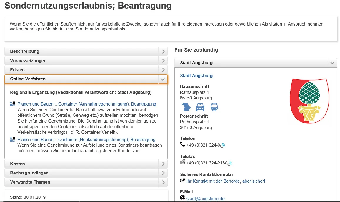 Ansicht einer Leistungs-Detailseite, die eine aufgeklappte regionale Spezialisierung für das Online-Verfahren am Beispiel der Stadt Augsburg zeigt.