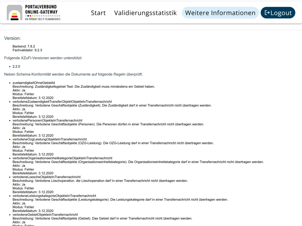 Ansicht „Weitere Informationen“ auf dem Portalverbund Online-Gateway mit Systemdetails. Die Seite listet die aktuellen Versionsnummern von Backend und Fachvalidator auf, nennt die unterstützte XZuFi-Version und zeigt eine detaillierte Auflistung der spezifischen Prüfregeln zur Validierung der Dokumente.