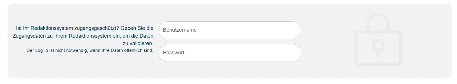 Optionaler Login-Bereich für zugangsgeschützte Redaktionssysteme. Enthält einen erklärenden Hinweistext sowie zwei Eingabefelder für Benutzername und Passwort.