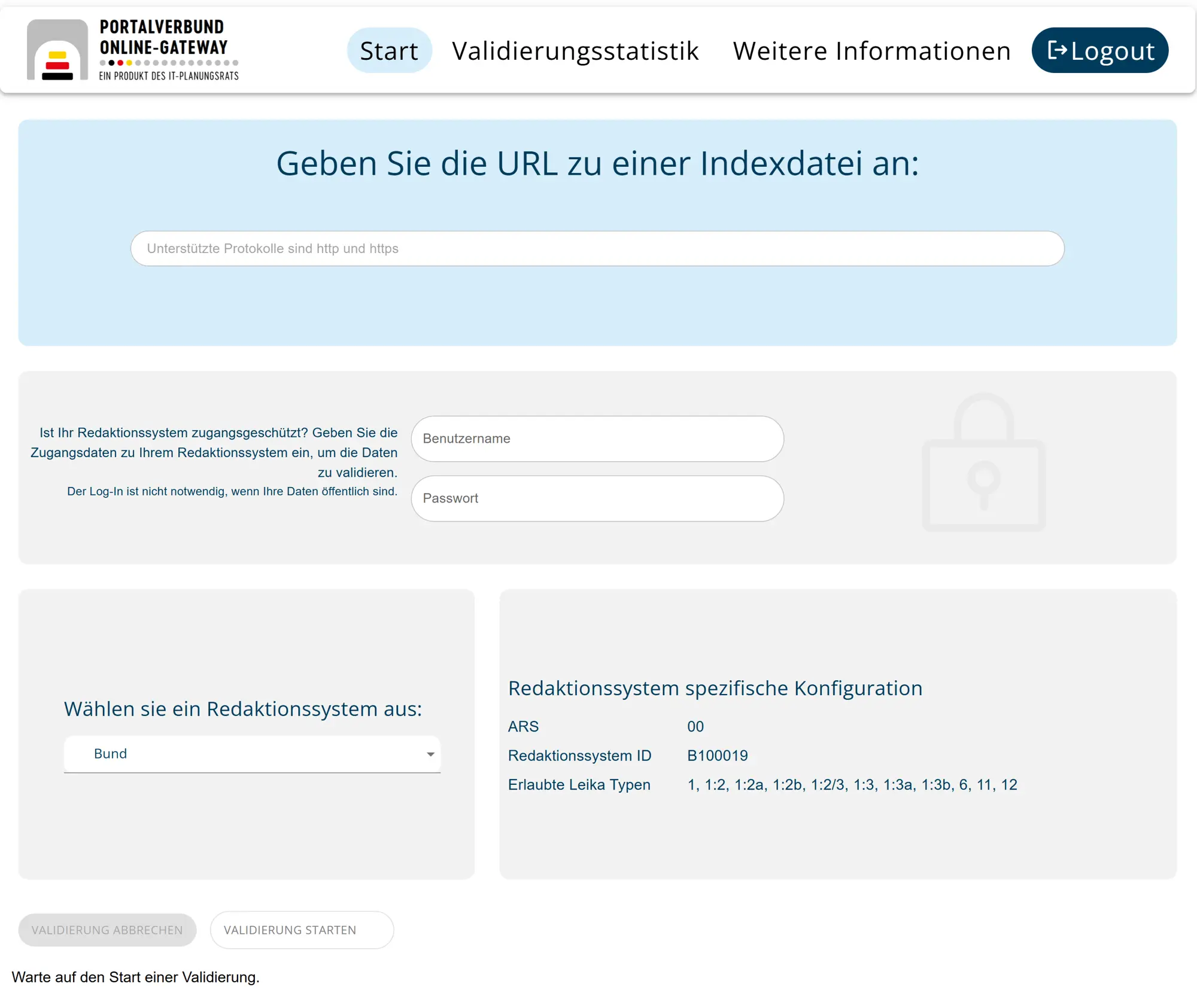 Benutzeroberfläche des Validators vom Portalverbund Online-Gateway. Das Formular zeigt Eingabefelder für die URL einer Indexdatei, optionale Login-Daten für geschützte Redaktionssysteme, eine Systemauswahl sowie einen Button zum Starten der Validierung.