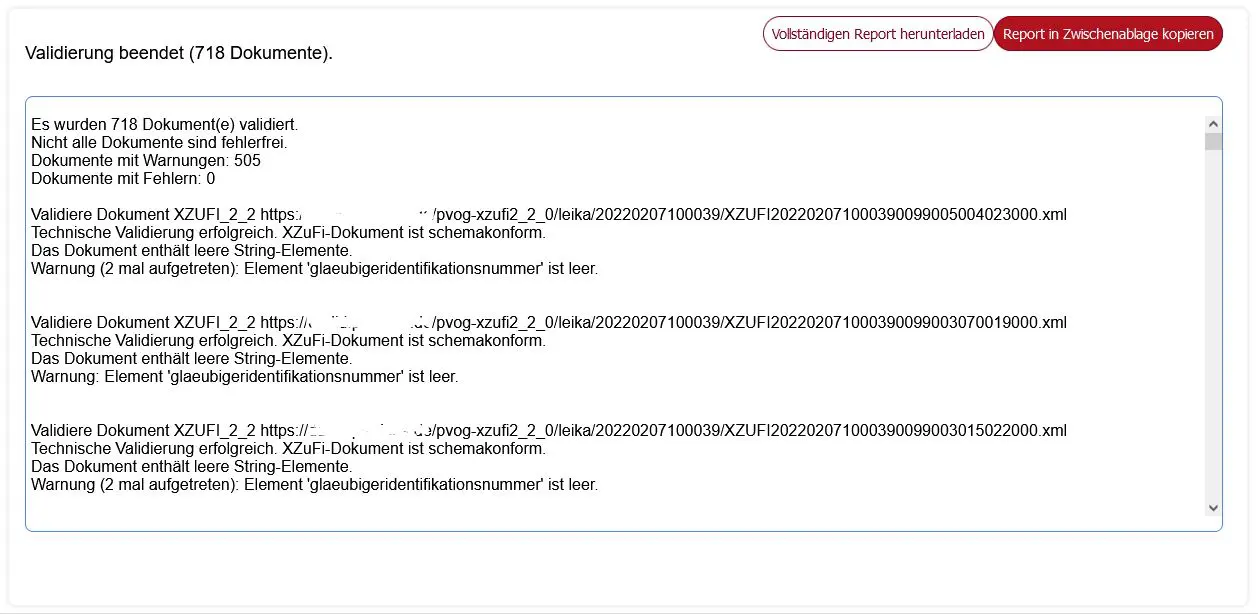 Ergebnismeldung einer abgeschlossenen Validierung mit Warnungen. Die Ansicht zeigt eine kurze Zusammenfassung mit Warnungen und Fehlern in einm scrollbaren Textfeld mit dem detaillierten Prüfprotokoll sowie zwei Buttons zum Herunterladen oder Kopieren des vollständigen Reports.